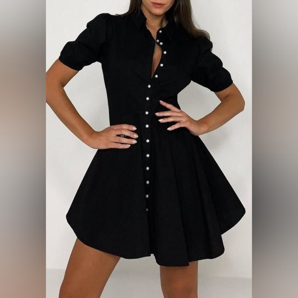 Missguided Black Mock Pearl Button Skater Shirt Dress